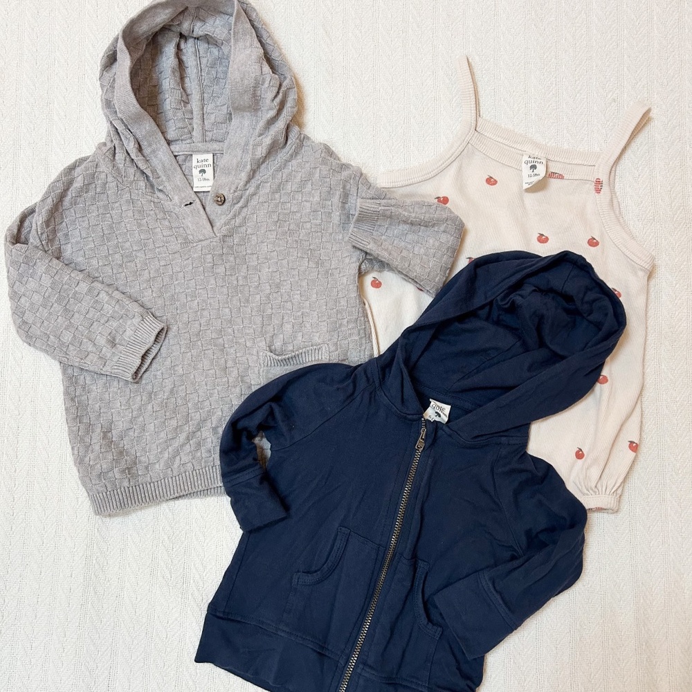 KATE QUINN bundle - navy zip up (6-12m), gray sweater (12-18m), onesie (12-18m)